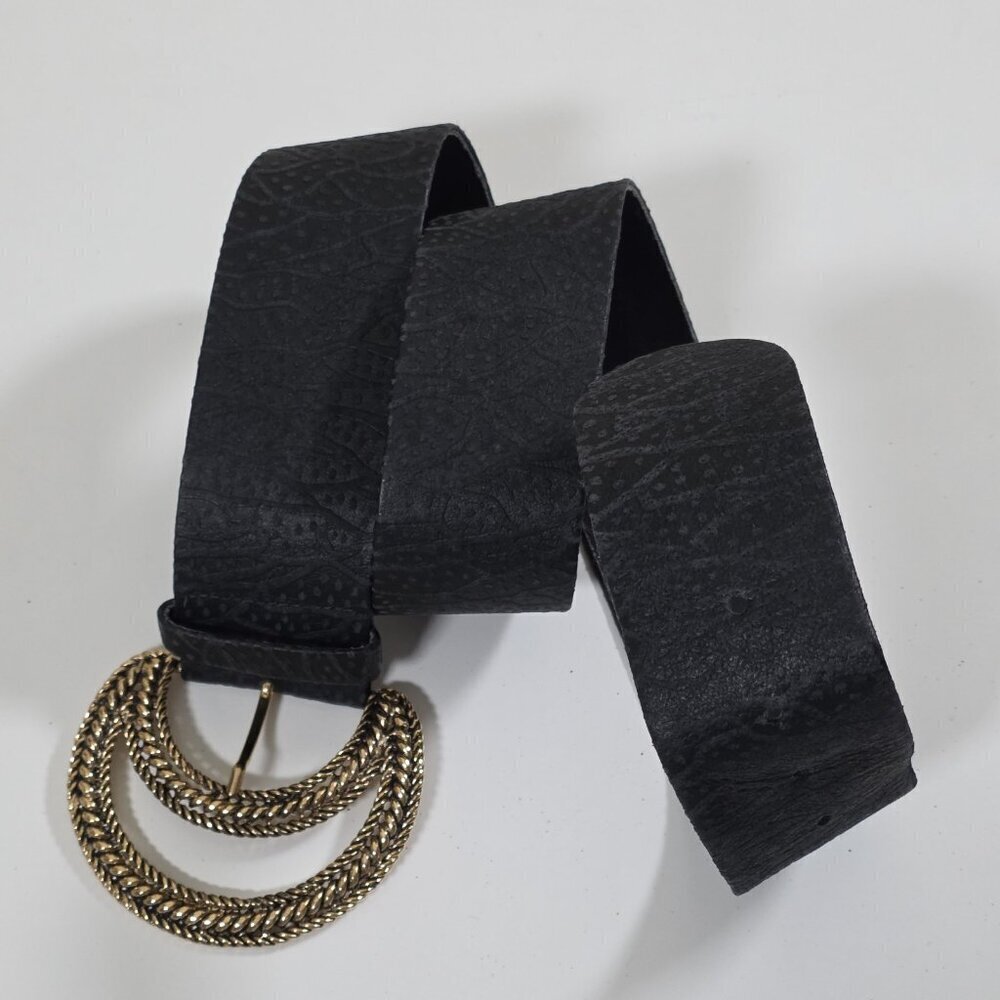 Vintage Textured Belt Womens L Black Gold Black Tone Metal Buckle Whimsigoth Y2K